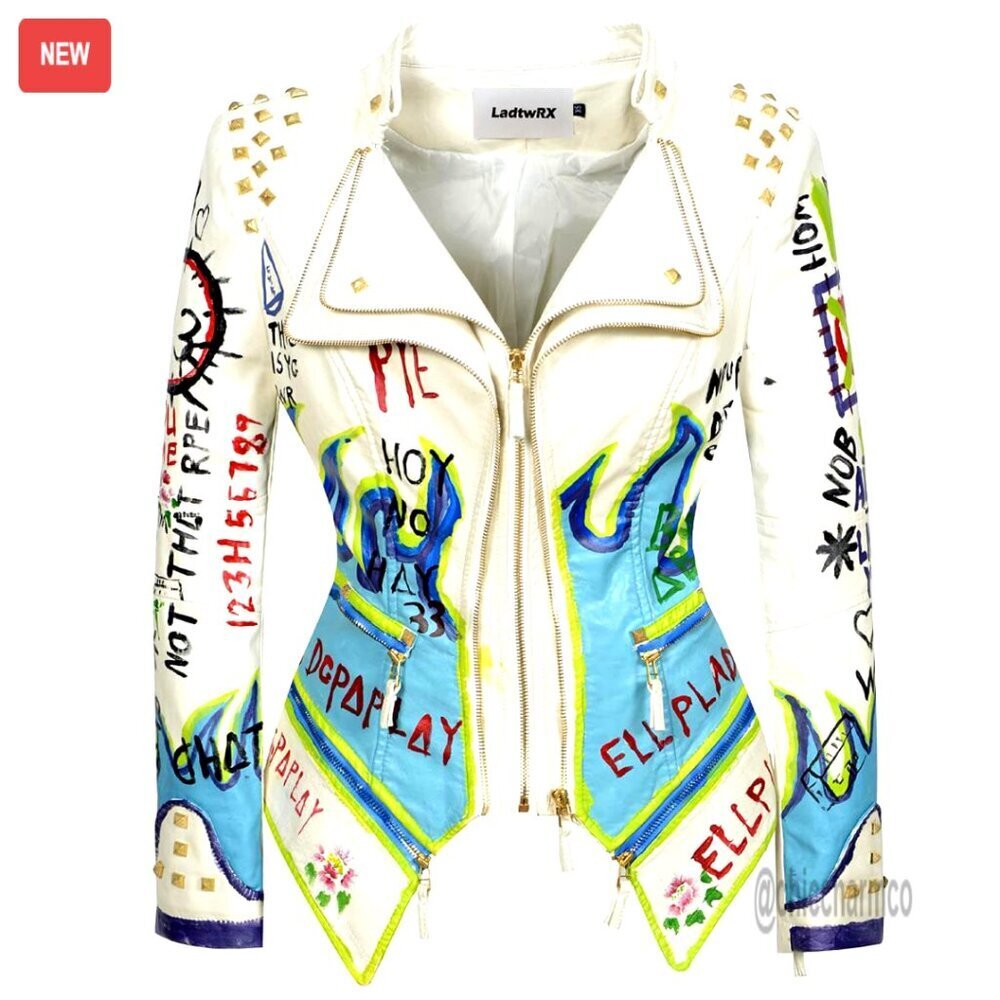 Faux Leather Moto Jacket Slim Fit Studded Rivets Graffiti Hand Painted Y2K